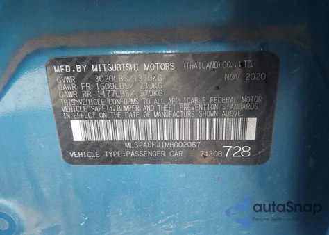 2021 Mitsubishi Mirage Carbonite Edition/Es/Le из США, поврежденный, VIN ML32AUHJ1MH002067